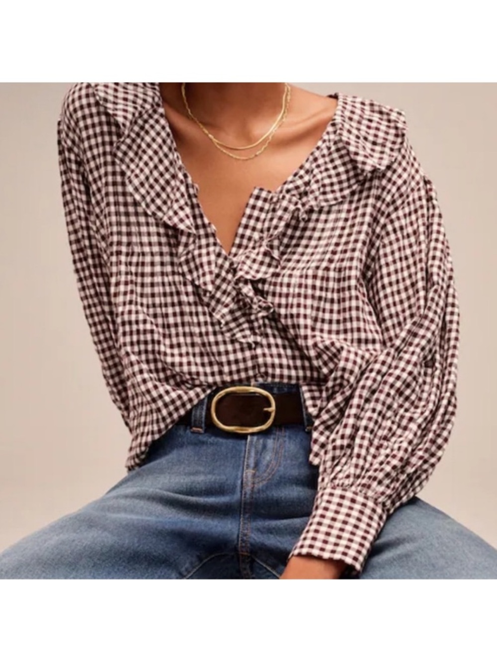 Gingham Ruffle V-Neck ruffle Blouse - Brown chocolate/White